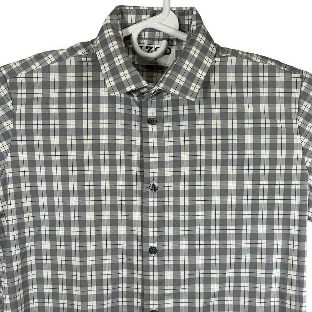 IZOD Mens Performance Sportshirt Grey White Plaid Long Sleeve Button Up M New